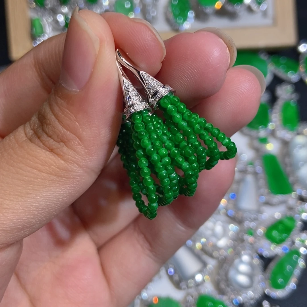 翡翠18K金镶嵌耳饰天然缅甸A货翡翠