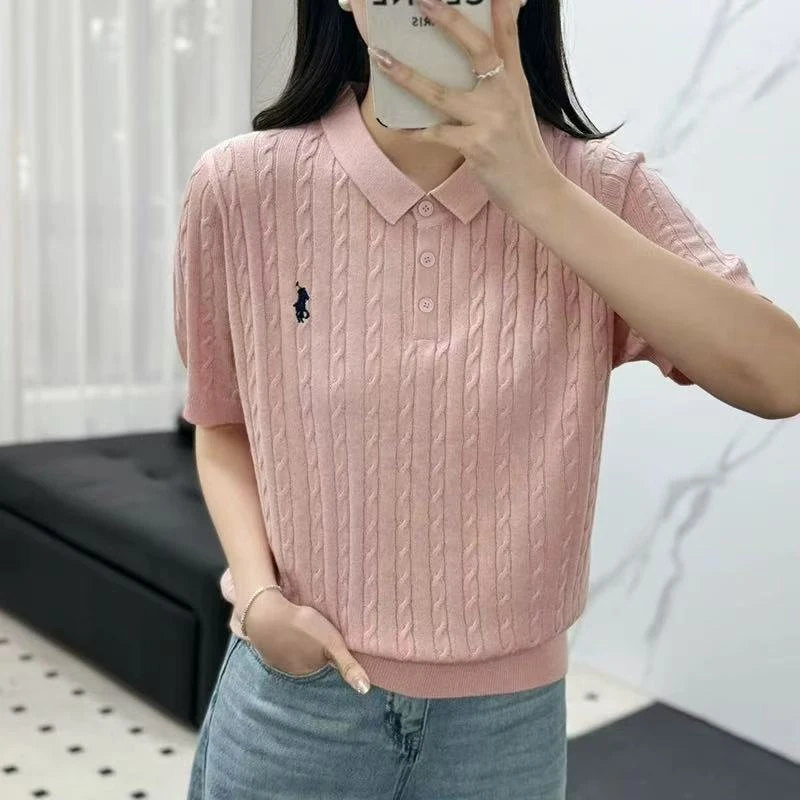 夏季小翻领麻花纹减龄百搭针织短袖上衣 399