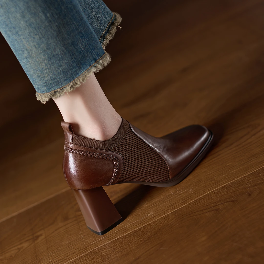 小个子增高7.5cm~深口单鞋女复古针织高跟鞋真皮粗跟小皮鞋职业鞋
