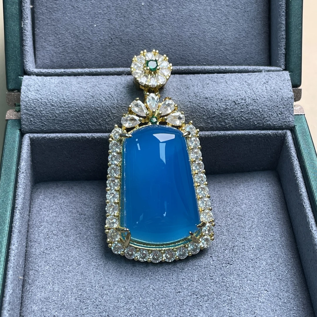 缅料镶嵌深海蓝无事牌吊坠A-80