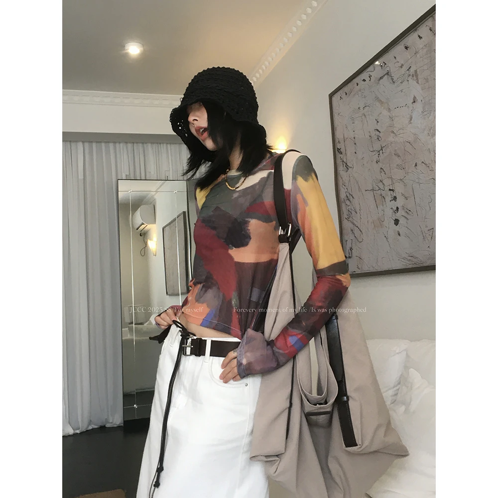 JCCC影子【油画未干】多巴胺彩色印花网纱防晒长袖T恤JE5BBX29