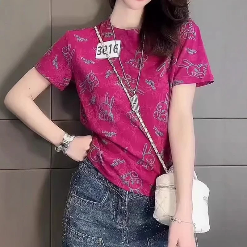 大码时尚印花圆领短袖T恤女夏2025新款显瘦宽松气质百搭上衣-5969