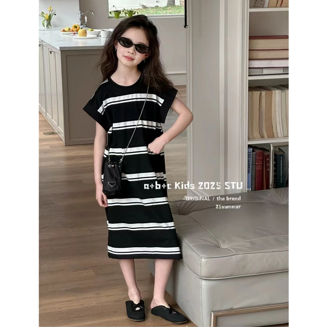 【配包】韩版女童装儿童中大童夏季条纹短袖连衣裙亲子装少女装