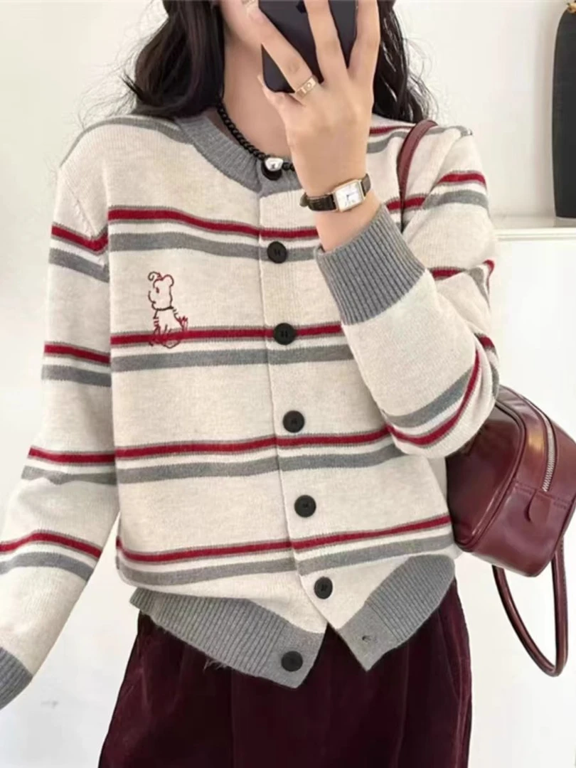 2101毛衫通勤宽松小香风毛针织衫条纹圆领秋季女装开衫百搭上衣