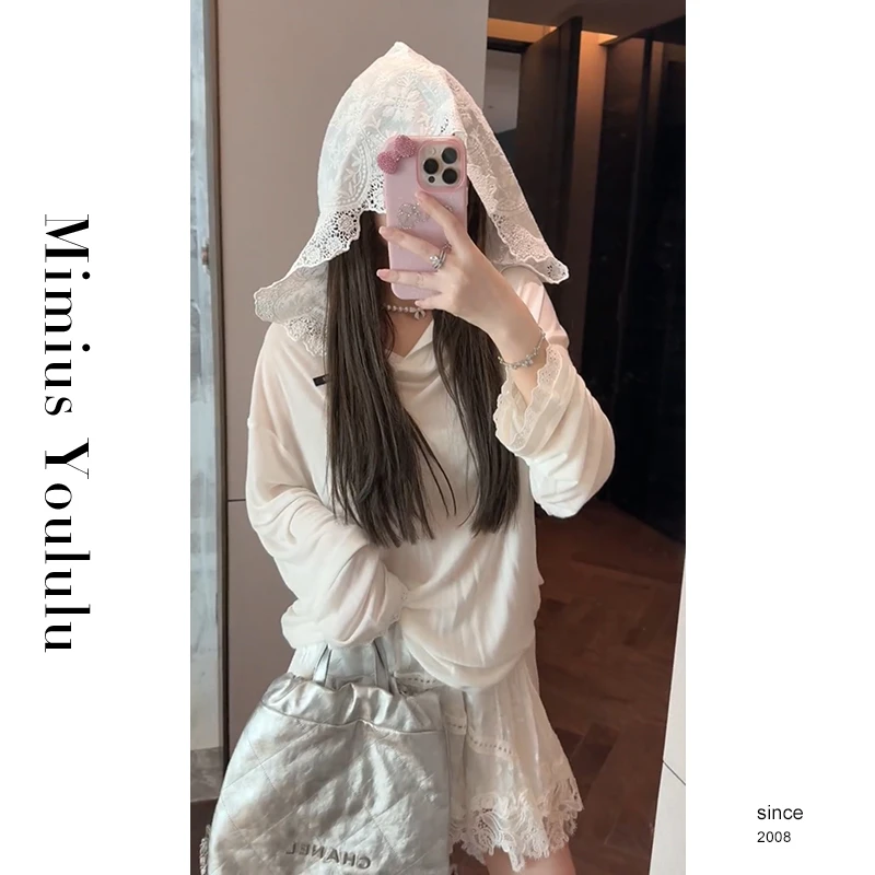 【mimius】&C游鹿鹿 纯欲高级钩花蕾丝拼接连帽长袖 G02354