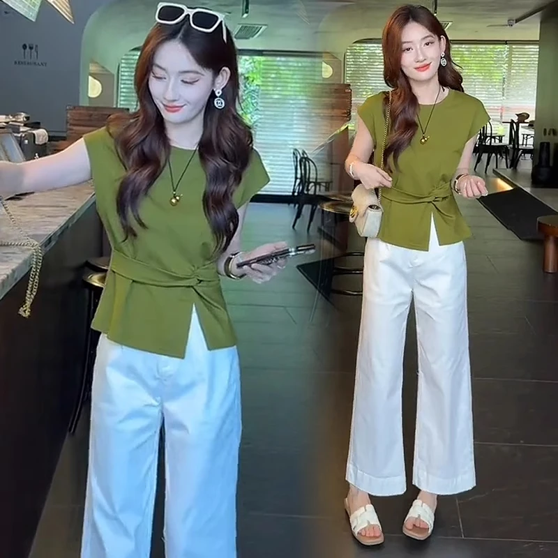 时尚套装夏季洋气气质休闲减龄收腰显瘦短袖上衣直筒裤两件套
