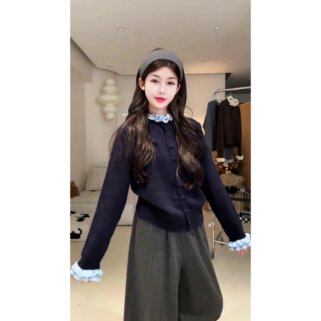 双层木耳花边针织系扣针织衫韩系奶油感开衫