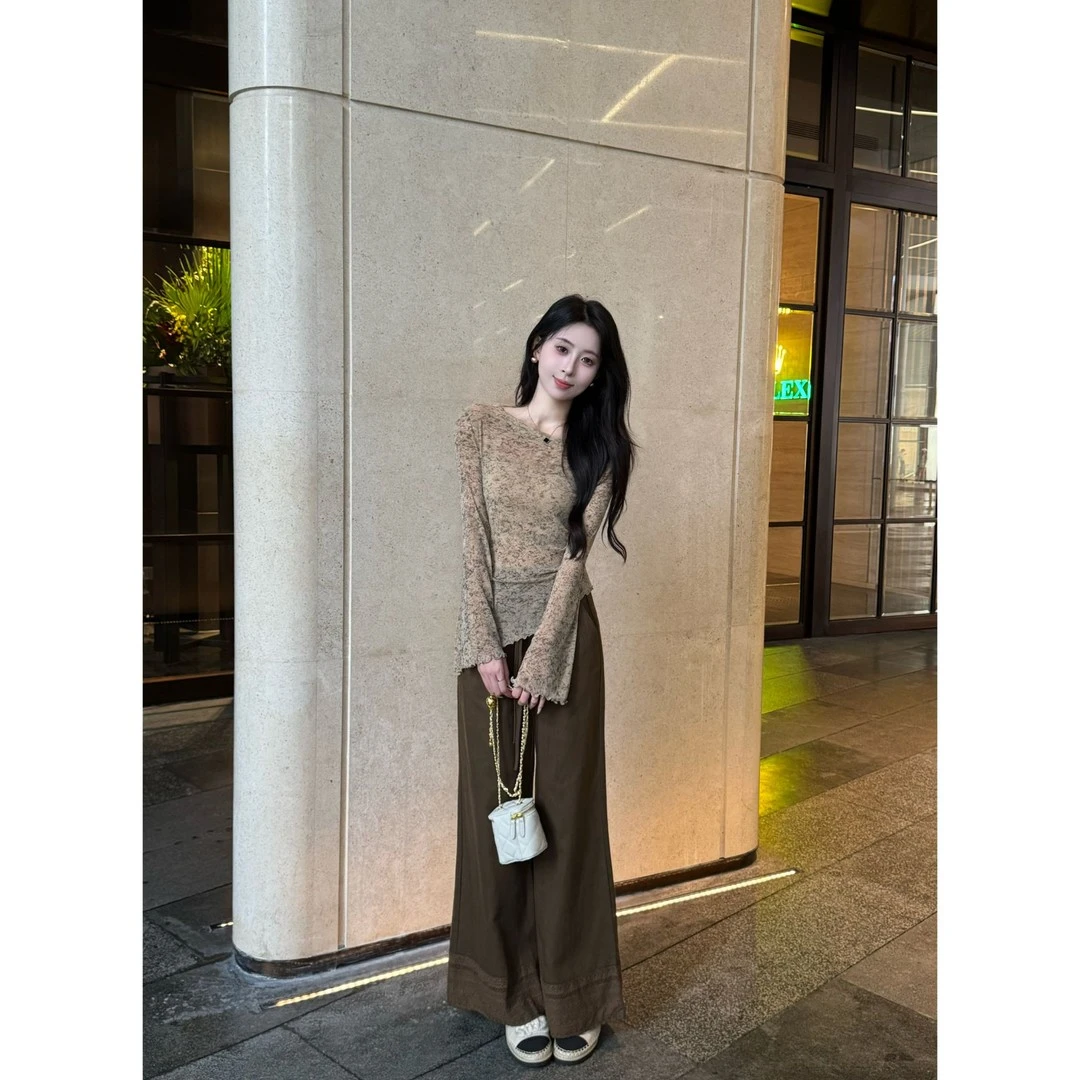 气质高级感不规则下摆T恤女2025秋季新款长袖T恤上衣+阔腿裤套装