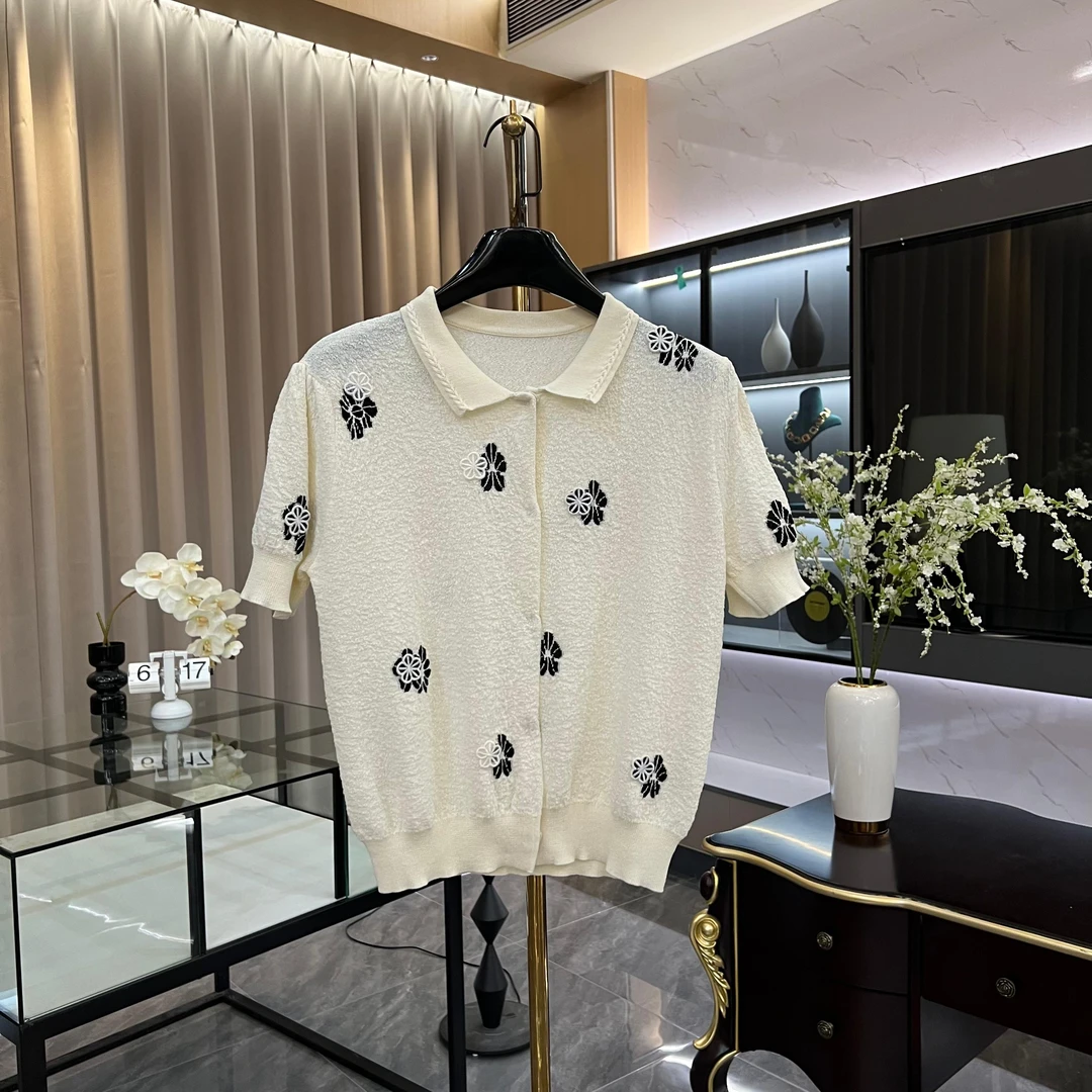 夏日时尚甜美百搭刺绣花朵开衫短袖针织上衣GK-223
