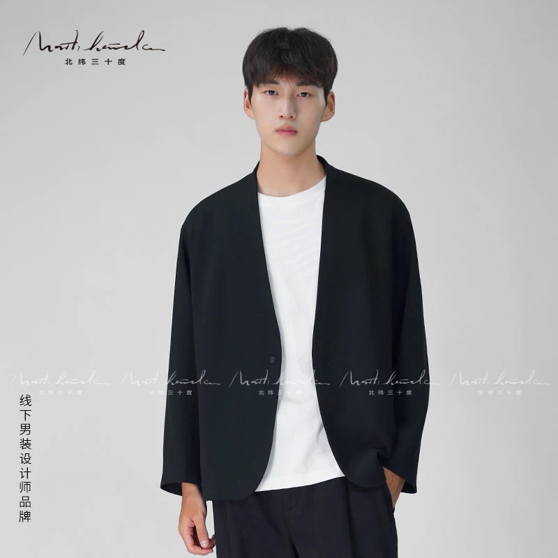 北纬三十度无领醋酸西装男士秋季休闲简约高级无领时尚休闲西装