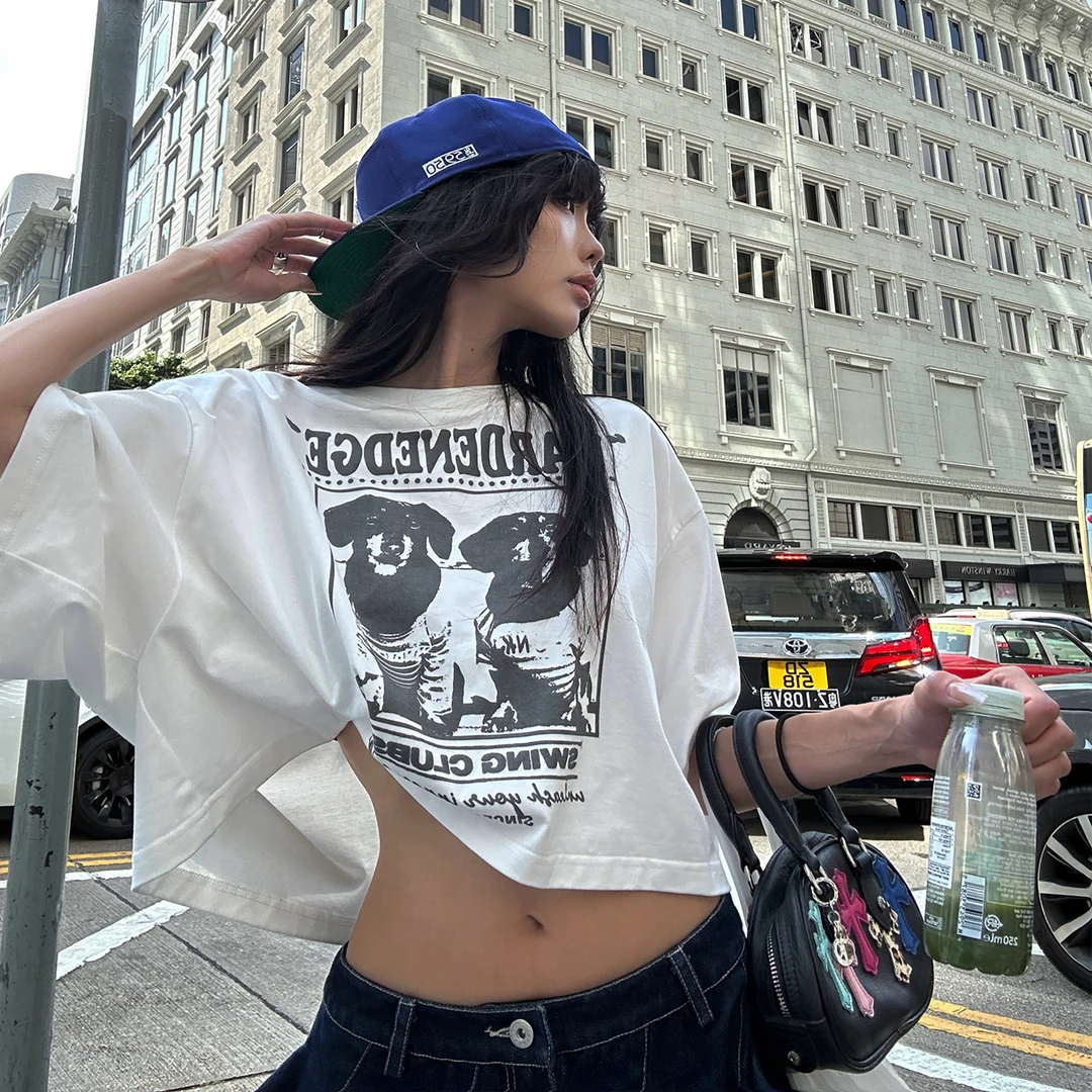 韩好甜WARDEN EDGE白色印花T恤女夏美式宽松显瘦露脐圆领短袖上衣