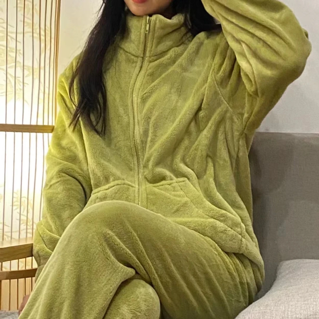 厚款冬季纯色保暖青年睡衣睡裤大码加绒立领套装