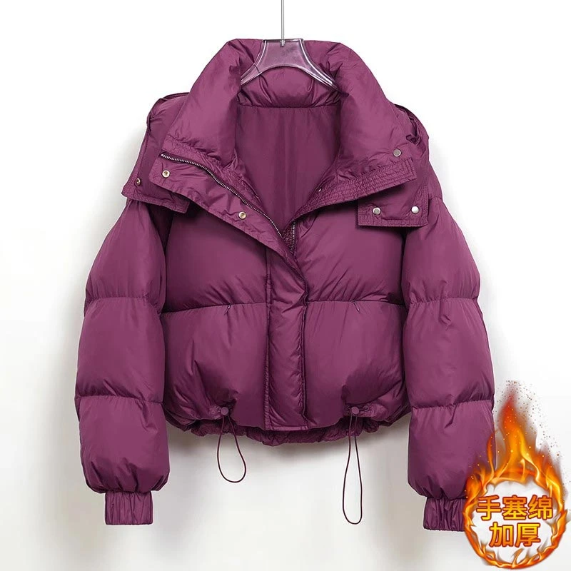 高级感纯色保暖短款棉服女冬季2026年新款加厚宽松连帽面包服外套