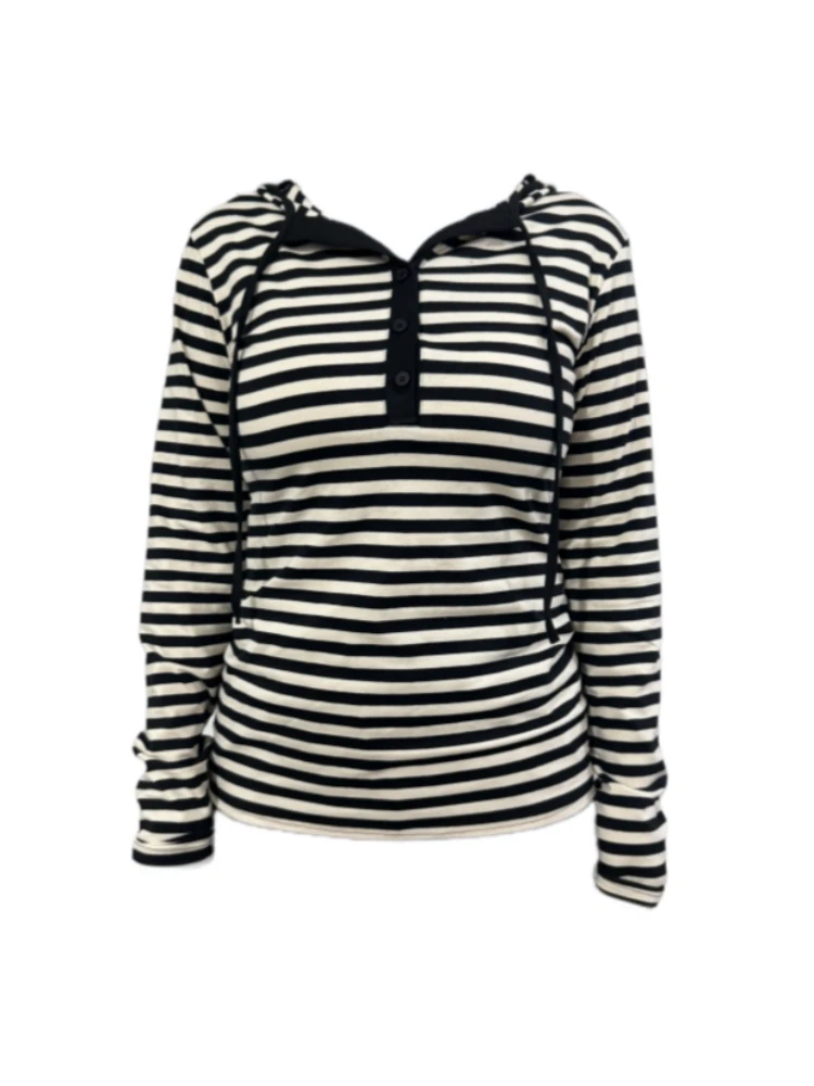 【Amy家】微胖mm韩系复古条纹连帽长袖T恤女设计感修身显瘦打底上衣