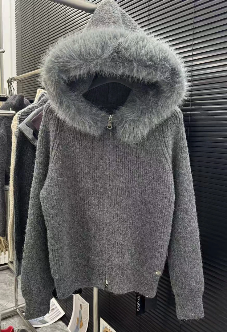 领秀【软糯慵懒风大毛领连帽针织毛衣外套】气质宽松显瘦开衫809#