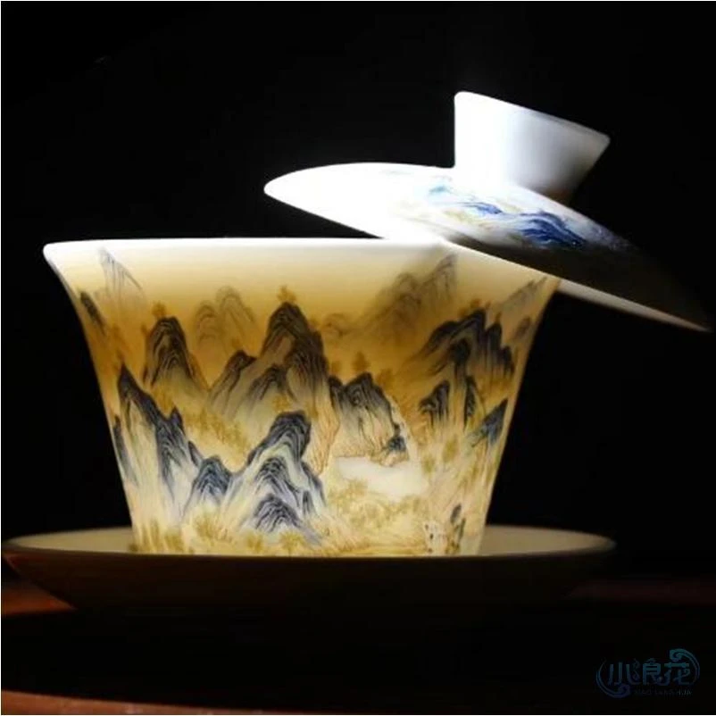 新款白瓷悬停三才盖碗大号功夫茶家用个人专用青花陶瓷悬浮泡FZX