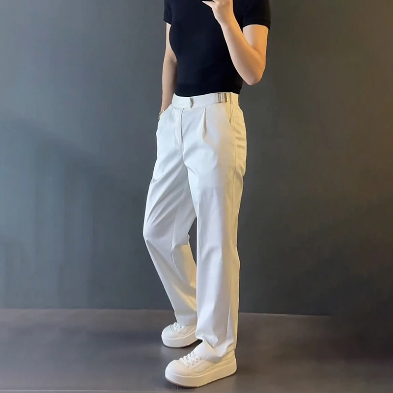 轻奢男装大码潮牌男士时尚新款法式拉腰阔腿休闲裤轻薄直筒高级感
