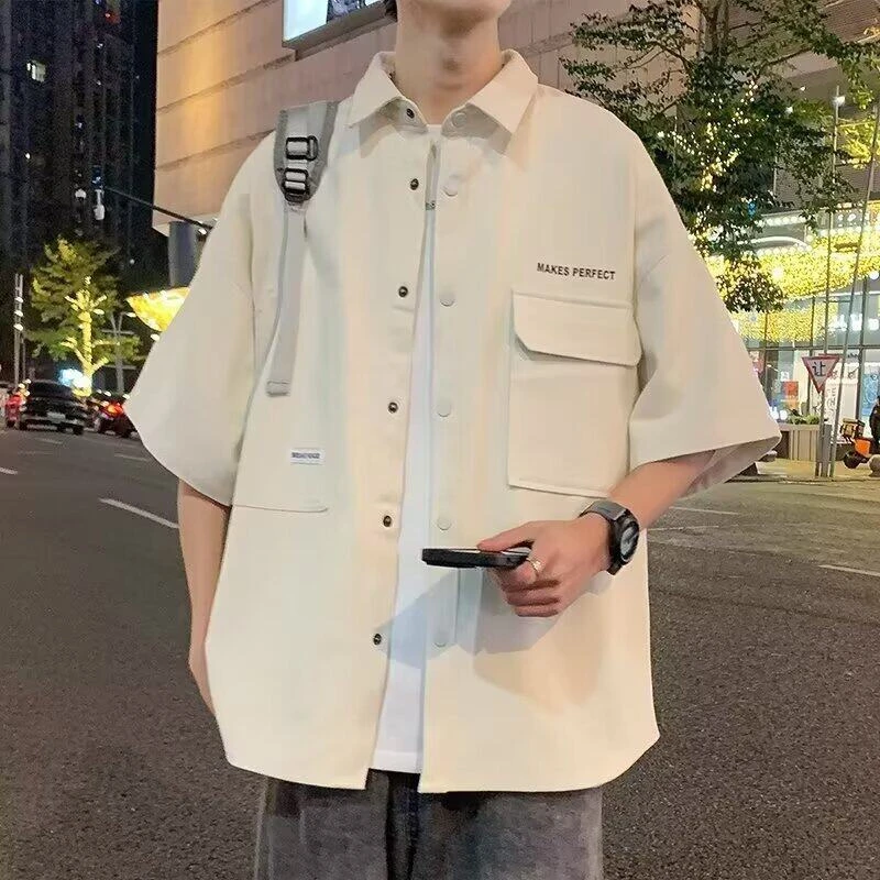 休闲夏季宽松潮流港风短袖衬衫韩版痞帅ins帅气日系男士百搭衬衣