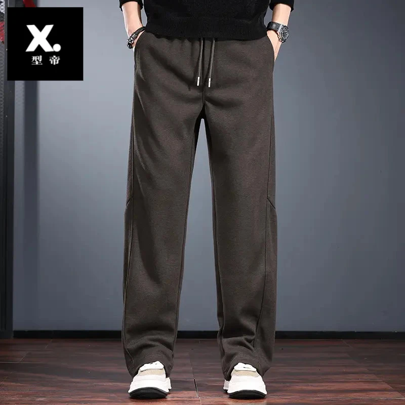 男士绵羊毛阔腿裤高端老钱风宽松直筒休闲裤冬季加绒柔软垂感卫裤