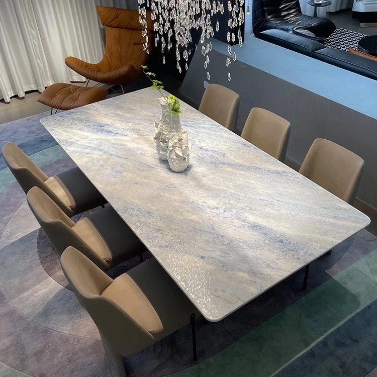 添荣盛世【蓝水晶】天然奢石餐桌家用大理石轻奢吃饭桌别墅桌子