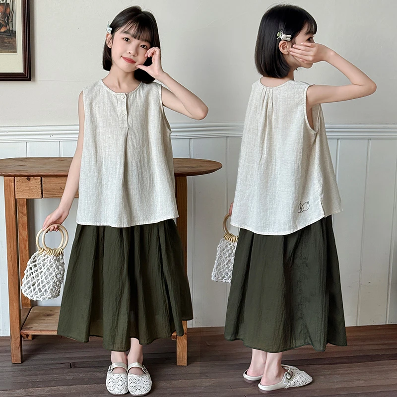 女童夏装无袖棉麻套装中大童6-12岁夏季半身裙时髦休闲洋气两件套