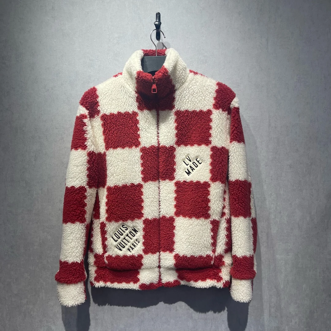 99新 LouisVuitton/路易威登  红色双拼棋盘格泰迪外套/S码