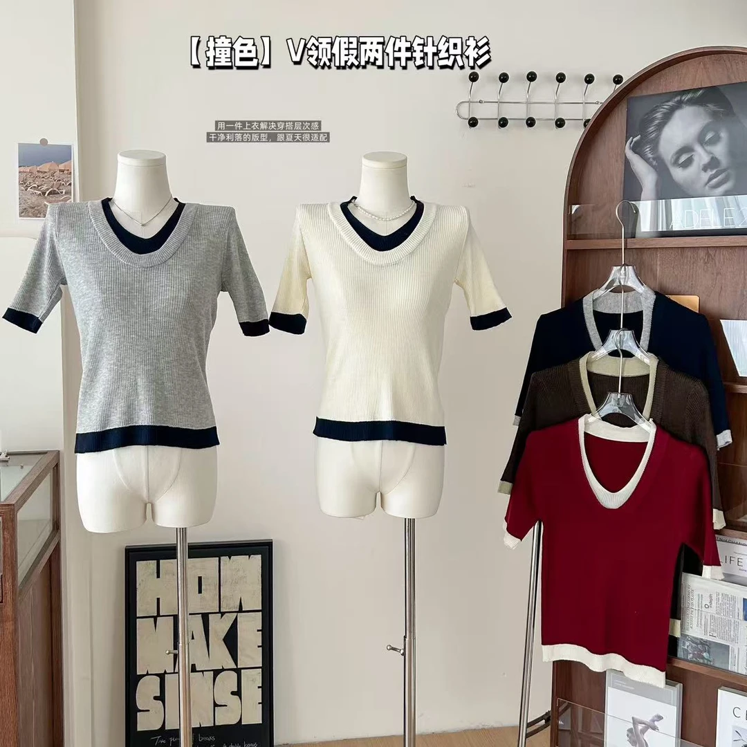 短袖撞色假两件v领毛针织衫短款夏季薄款显瘦设计感小众