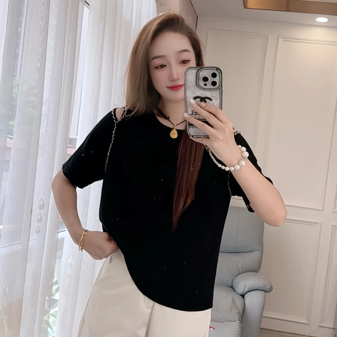 2597现货夏季针织衫套头短袖圆领宽松女装露肩烫钻上衣显瘦减龄