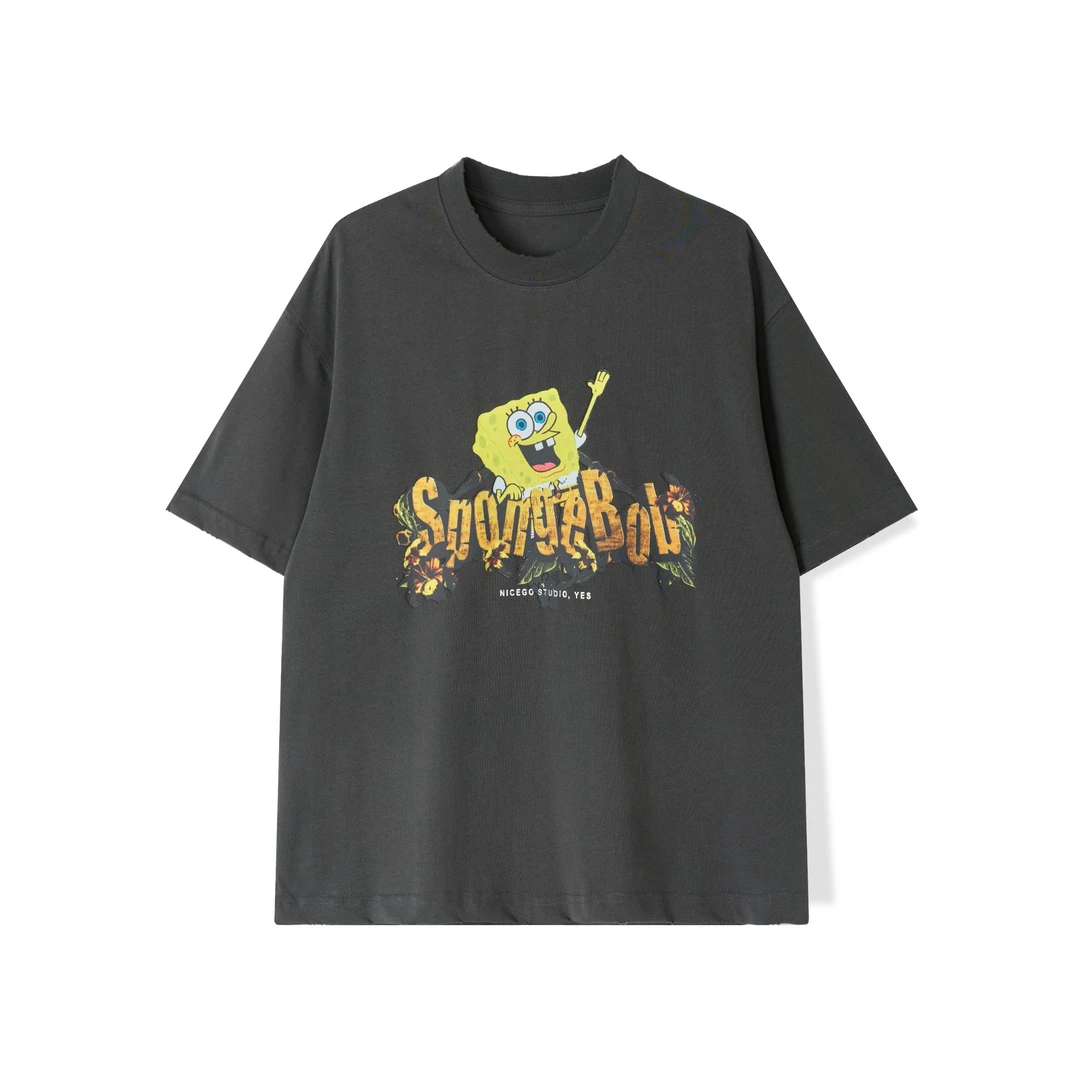 Mast『200g数码印花 磨破』亲子装2025夏青少年男女短袖T恤海绵宝宝