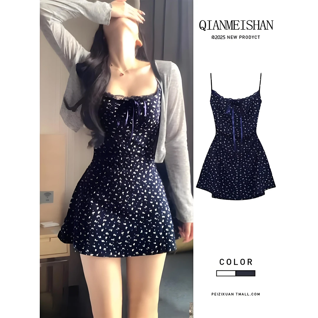 藏蓝色碎花吊带连衣裙2025夏日绝美小裙子小个子掐腰包臀短裙套装