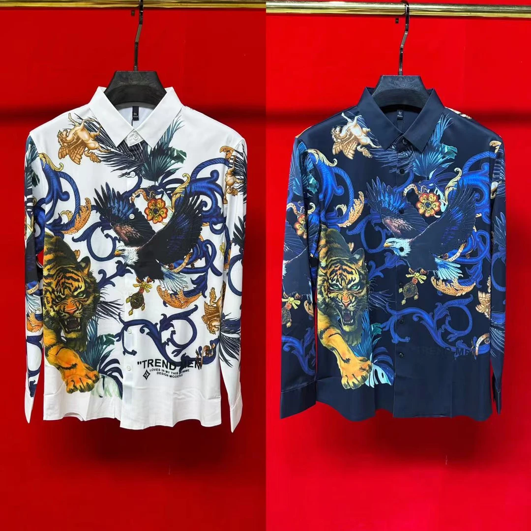 FLD25秋冬新款男士欧货桑蚕丝猛兽动物印花潮流修身长袖衬衫时尚