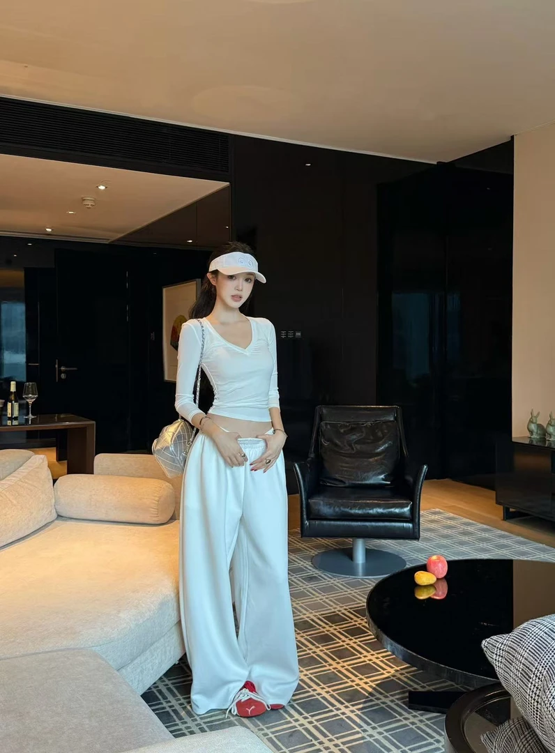 不冷BULENG 白色休闲裤法式高腰夏季宽松