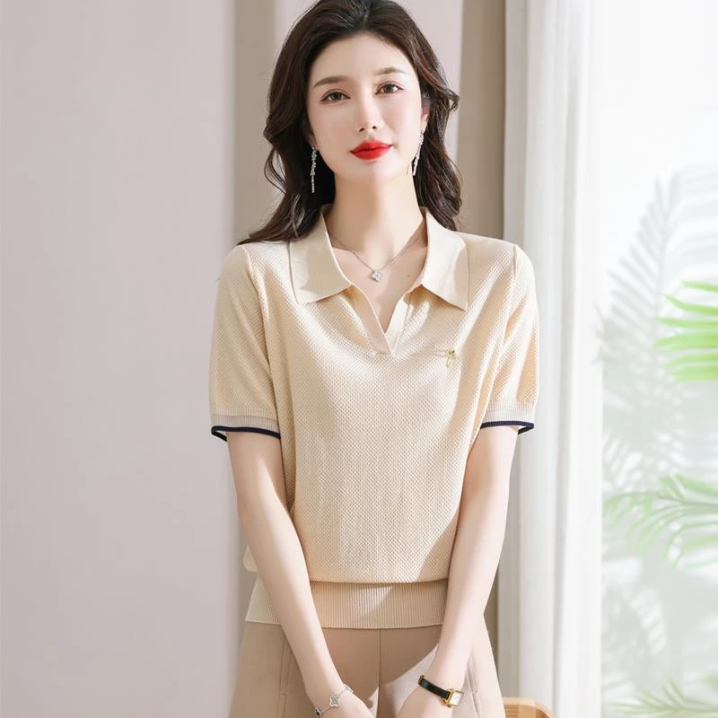 polo领冰丝短袖t恤女装2025新款年轻妈妈夏装上衣翻领针织衫洋气