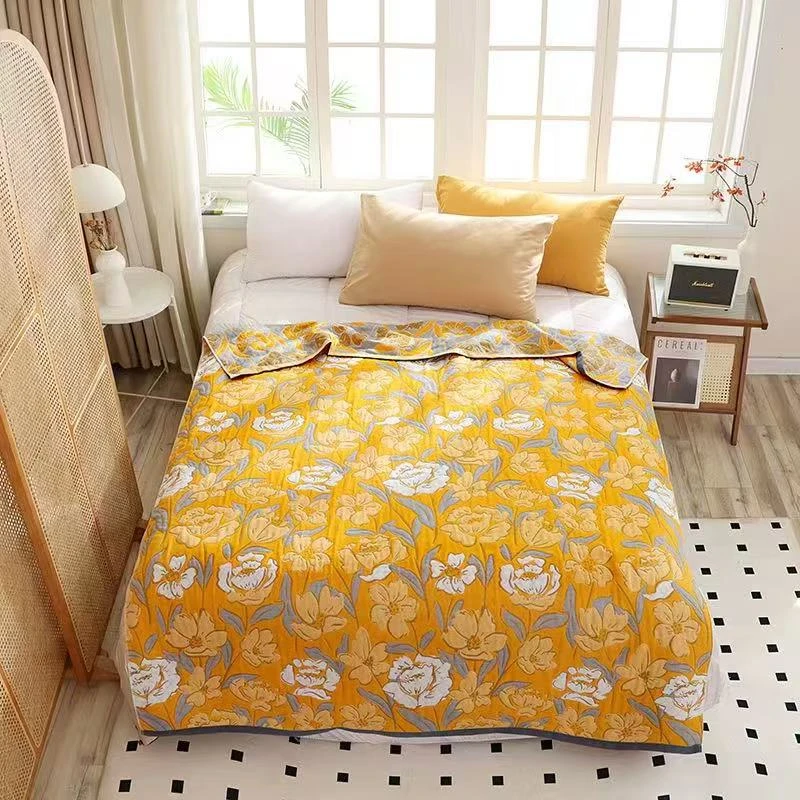 【黄色花朵床盖230×250cm】～多层纱布棉床盖加厚床单加长午休毯