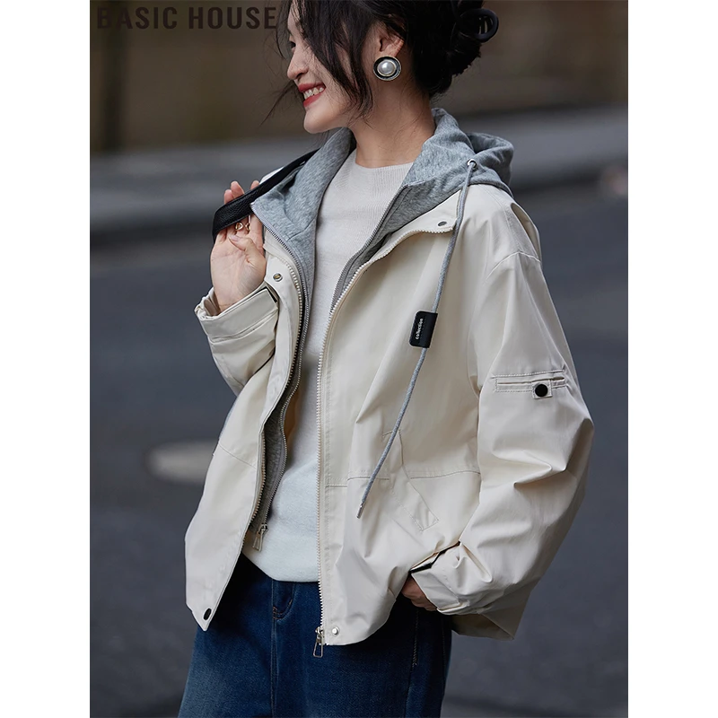 Basic House/百家好假两件连帽外套设计感宽松夹克上衣女2025秋冬