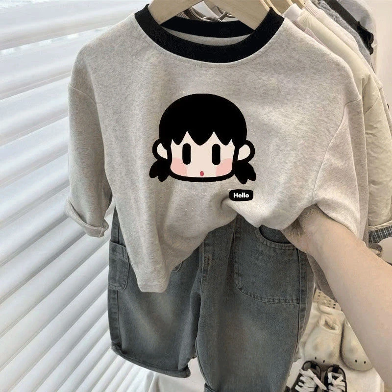 儿童纯棉长袖T恤可爱百搭圆领男女童卡通拼色打底衫上衣服春秋季T