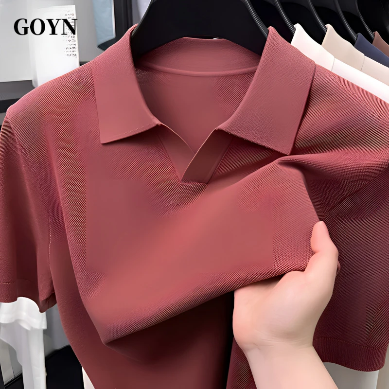GOYN百搭翻领男士潮流日系夏季针织纯色时尚轻奢男装百搭修身短袖
