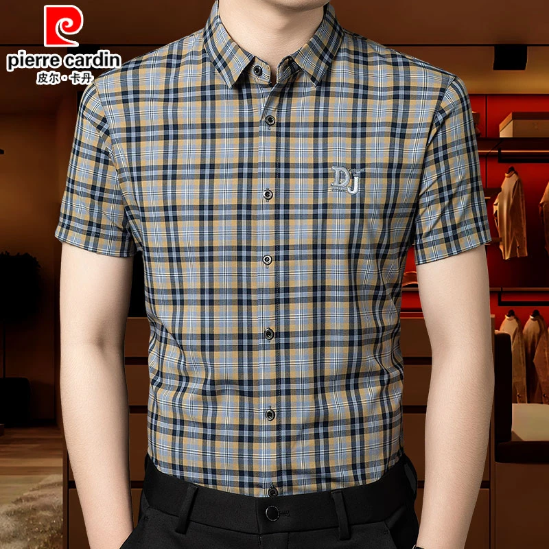 皮尔卡丹格子衬衫男短袖2025新款男士夏季薄款时尚休闲免烫衬衣