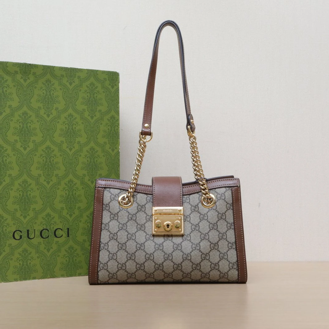 95新 GUCCI/古驰 【娇活动】锁头包 Tote 26 焦糖色PVC金扣887809