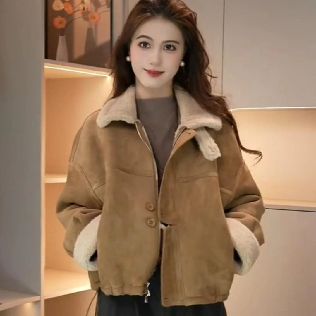 （运费险）2025加绒加厚短款皮毛一体外套女冬季新款爆款立领机车服