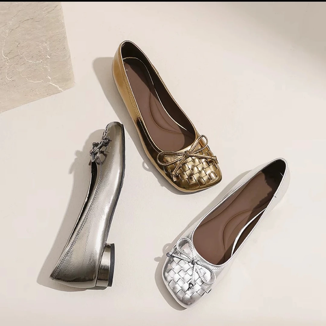 法式复古新款蝴蝶结芭蕾平底鞋真皮编织舒适百搭圆头女士浅口单鞋