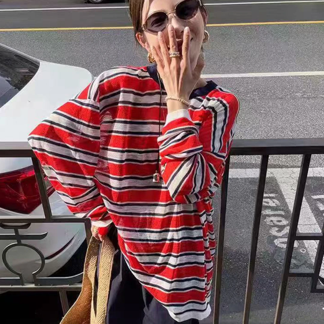 防晒网红撞色条纹红色休闲T恤宽松圆领条纹长袖3399