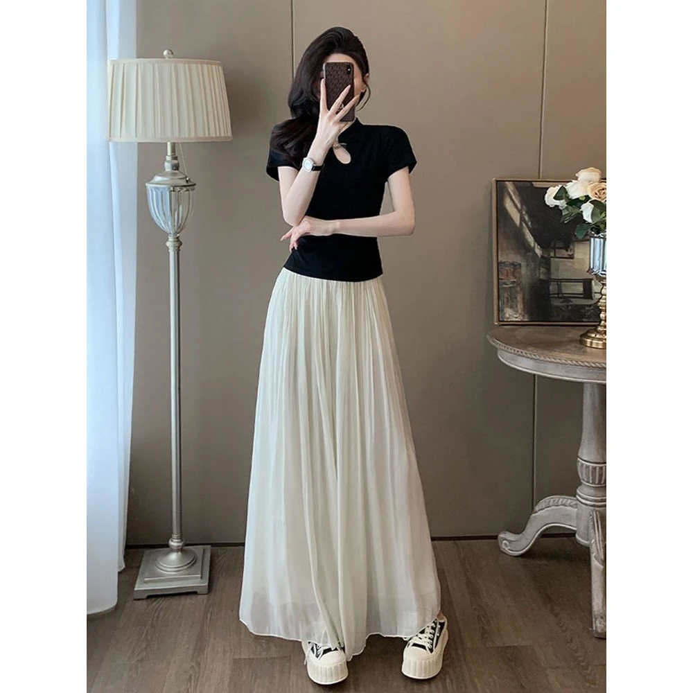 时尚套装女夏季新款休闲百搭水滴领T恤+宽松休闲高腰阔腿裤两件套