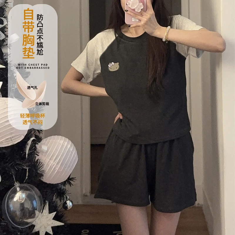 带胸垫睡衣女夏季短袖短裤莫代尔网红套装夏天可爱KT猫少女家居服
