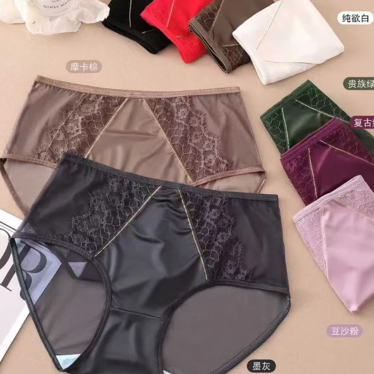 中腰女士蕾丝三角内裤缎面网纱透气设计