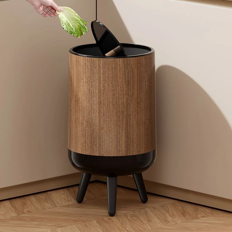 家用垃圾桶高脚带盖木纹中古风客厅厨房卫生间纸篓大容量厕所纸筒