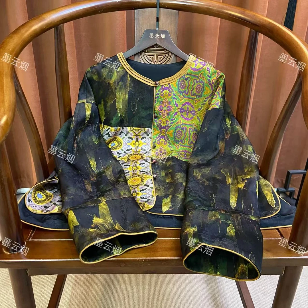 【烟屿】新中式琉璃扣提花圆领侧开叉气质复古宽松国风上衣女外套68