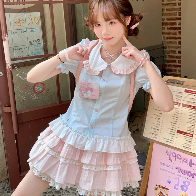迪士尼穿搭多巴胺娃娃领上衣小个子蓬蓬蛋糕裙子学院风套装甜妹夏