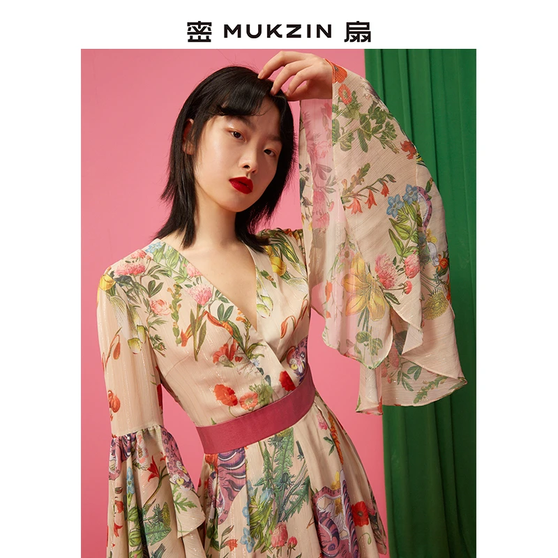 密扇水袖碎花温柔风连体裙裤复古法式国风D8363999