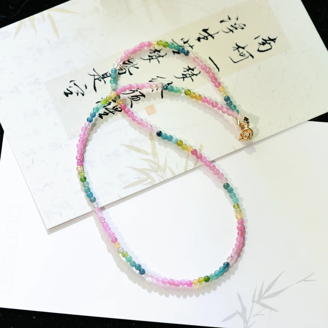 【灵彩】碧玺小米珠项链锁骨链·S925银·彩色渐变珠珠坠链拍一发一